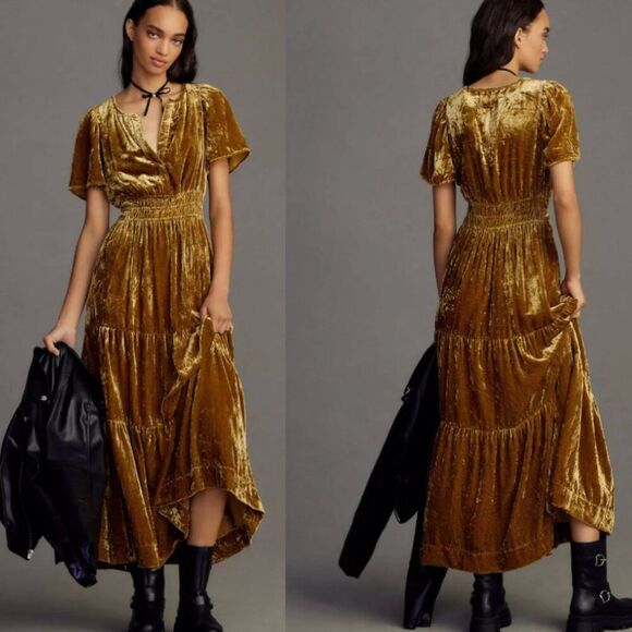 Anthropologie Gold Velvet Maxi Dress - Picture 2 of 11